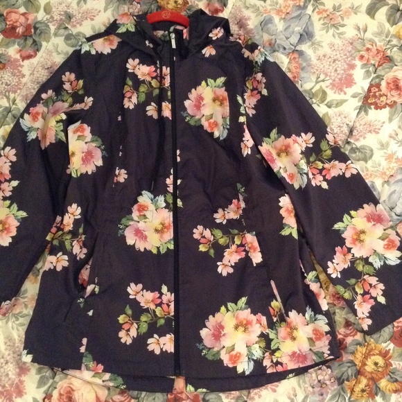 Susan Graver Jackets & Blazers - Susan Graver Black and Floral Windbreaker Packable Jacket With Hood And Pockets